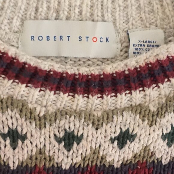 Vintage Robert Stock Cotton Fair Isle Sweater Cream Cabincore Old Money XL - Picture 9 of 10